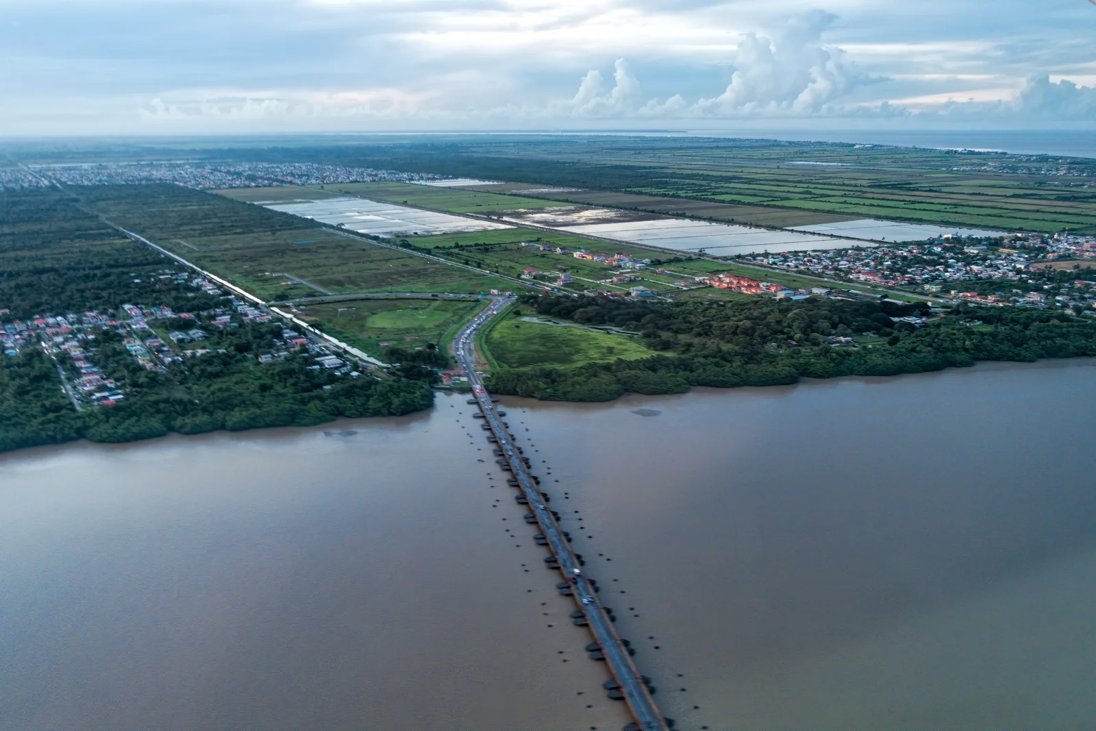 Aerial photograph of the original Demerara Harbour Bridge in Guyana, taken in 2019